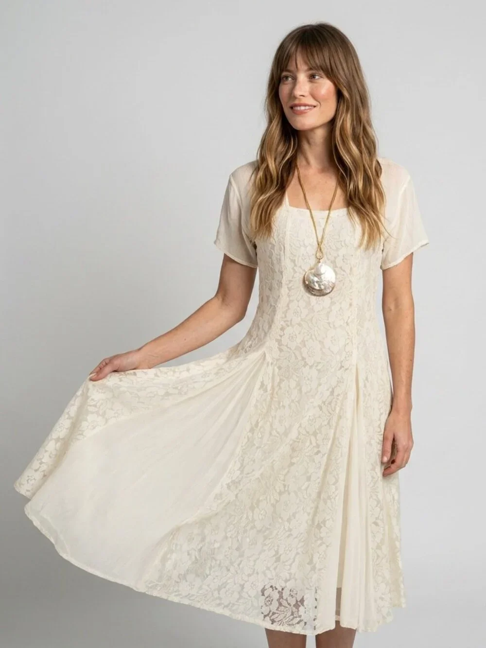 Lace Dress Ivory Cream Crepe Romantic Vintage Boho Wedding 90s Maxi Sundress